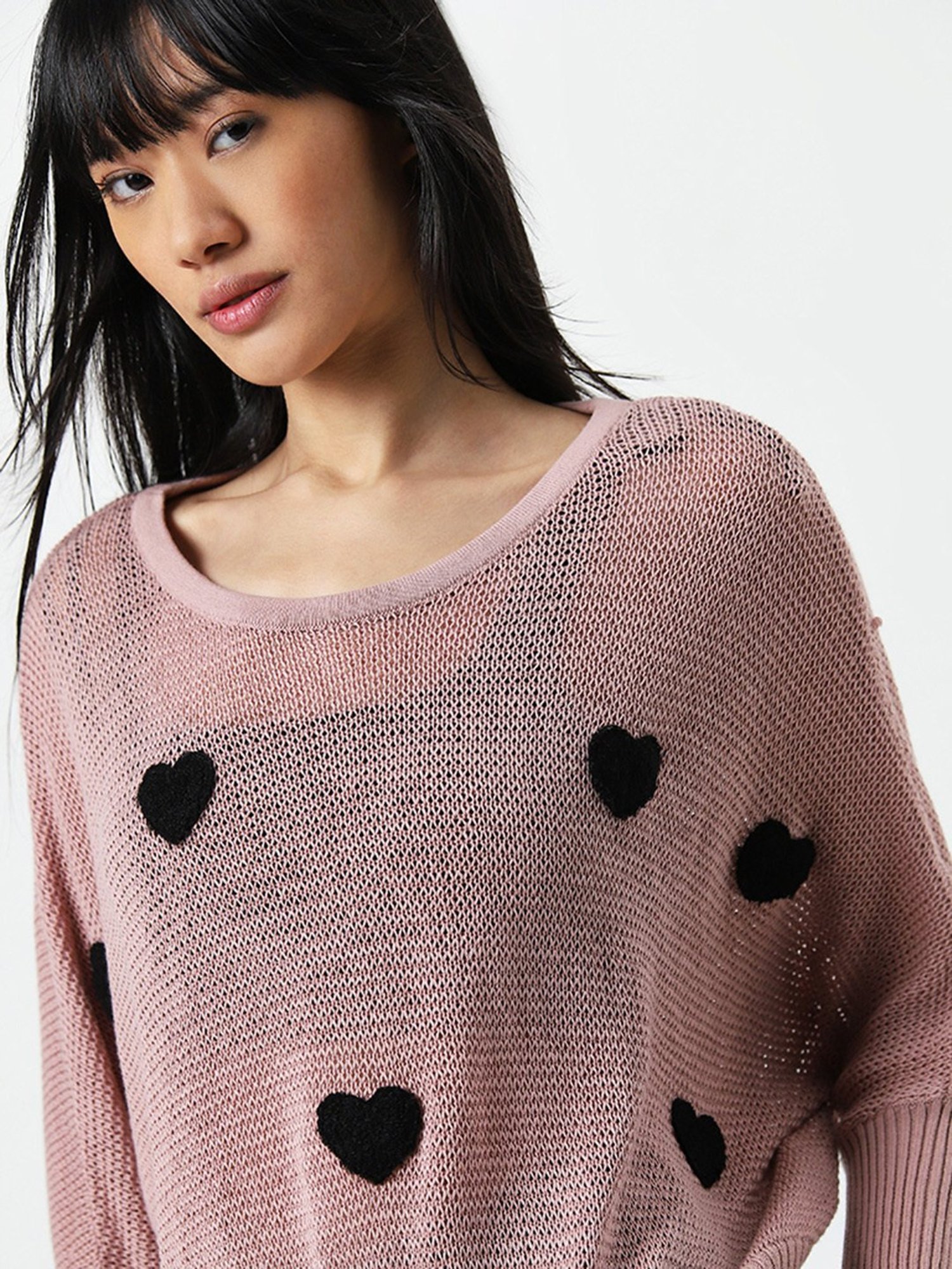 Nuon by Westside Dusty Pink Heart Embroidered Knitted Cotton Sweater