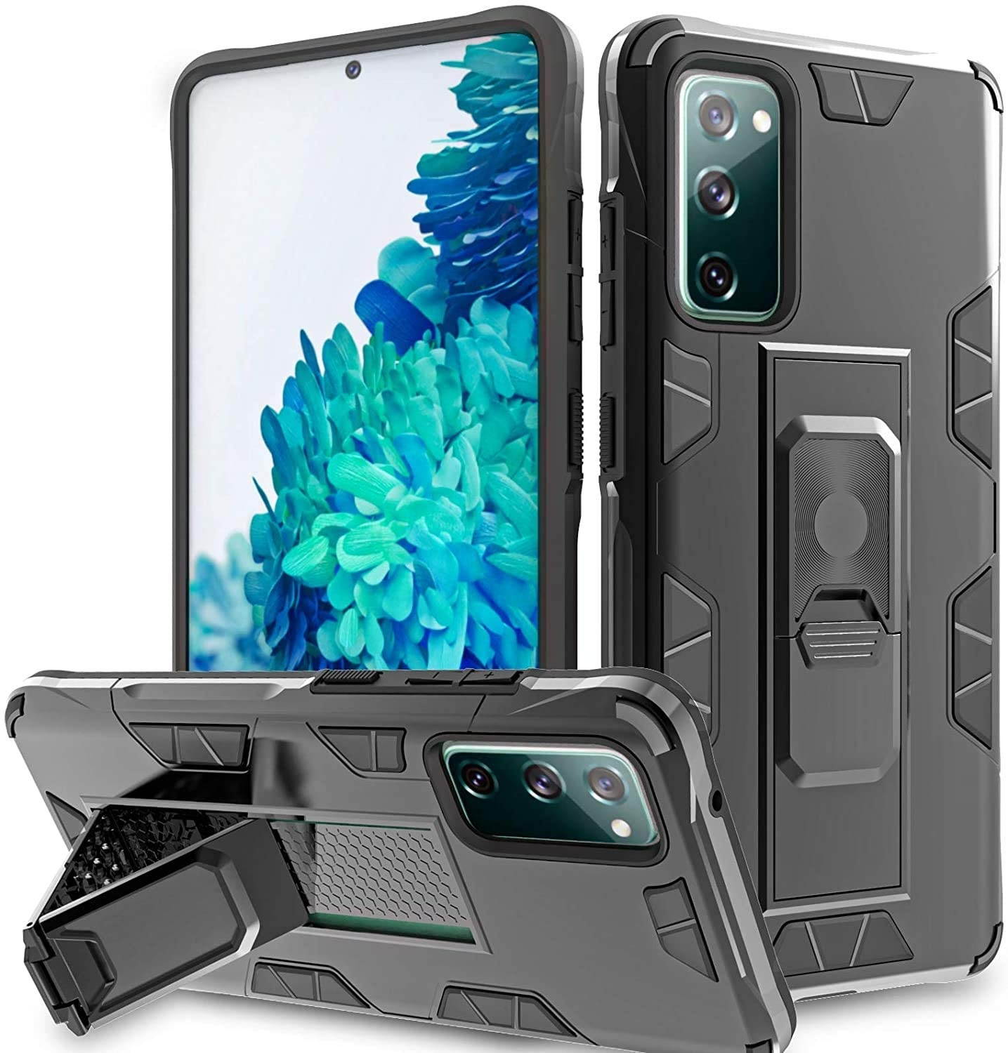 for Samsung Galaxy S20 FE Case + 2pcs Screen Protector Tempered Glass with Phone Grip and Expanding Stand Heavy Duty Shockproof Military Grade Drop Tested Protective Cover for Samsung S20 FE 5G -BLACK