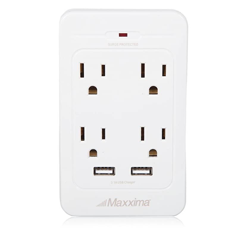 4 Outlet Dual USB Adaptor Plug Grounded 31A Port 800 Joules Surge Protector