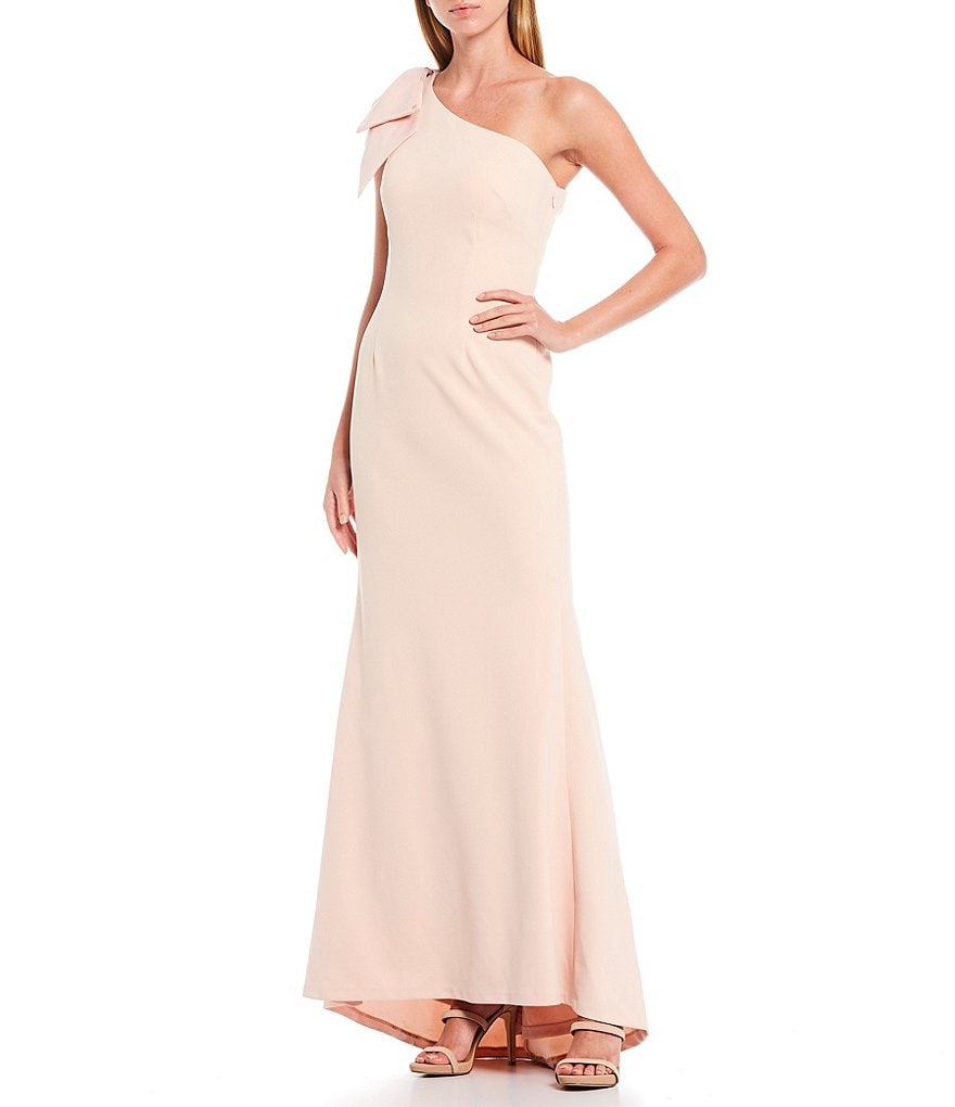 Eliza J Bow Detail One Shoulder Crepe Mermaid Gown