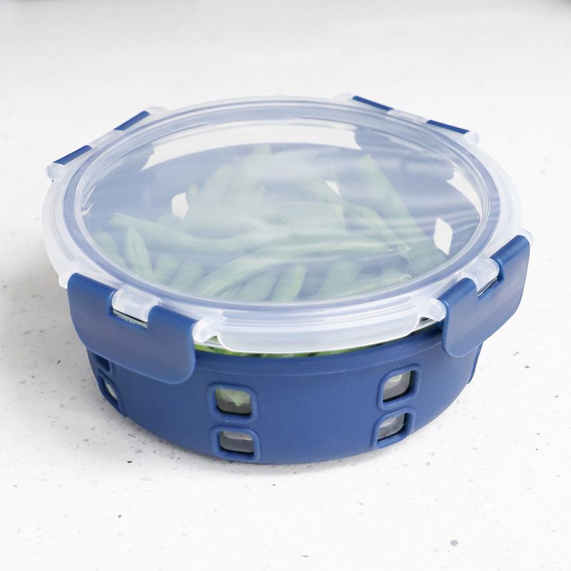 Michael Graves Design Round 32 Ounce High Borosilicate Glass Food Storage Container with Plastic Lid, Indigo