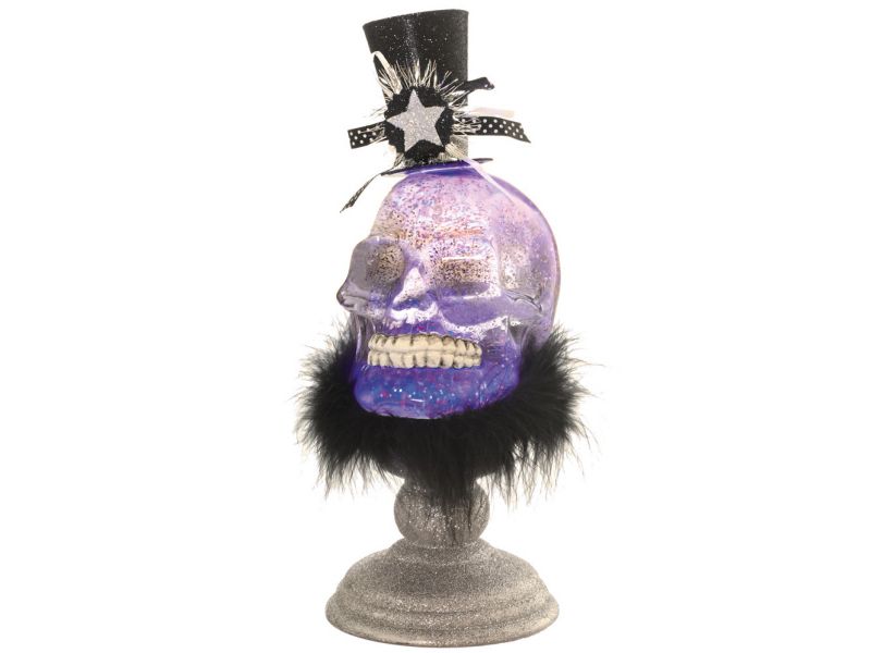 Ganz 12" Prelit LED Skull with Top Hat Halloween Glitter Snow Globe Decoration - Clear/Black