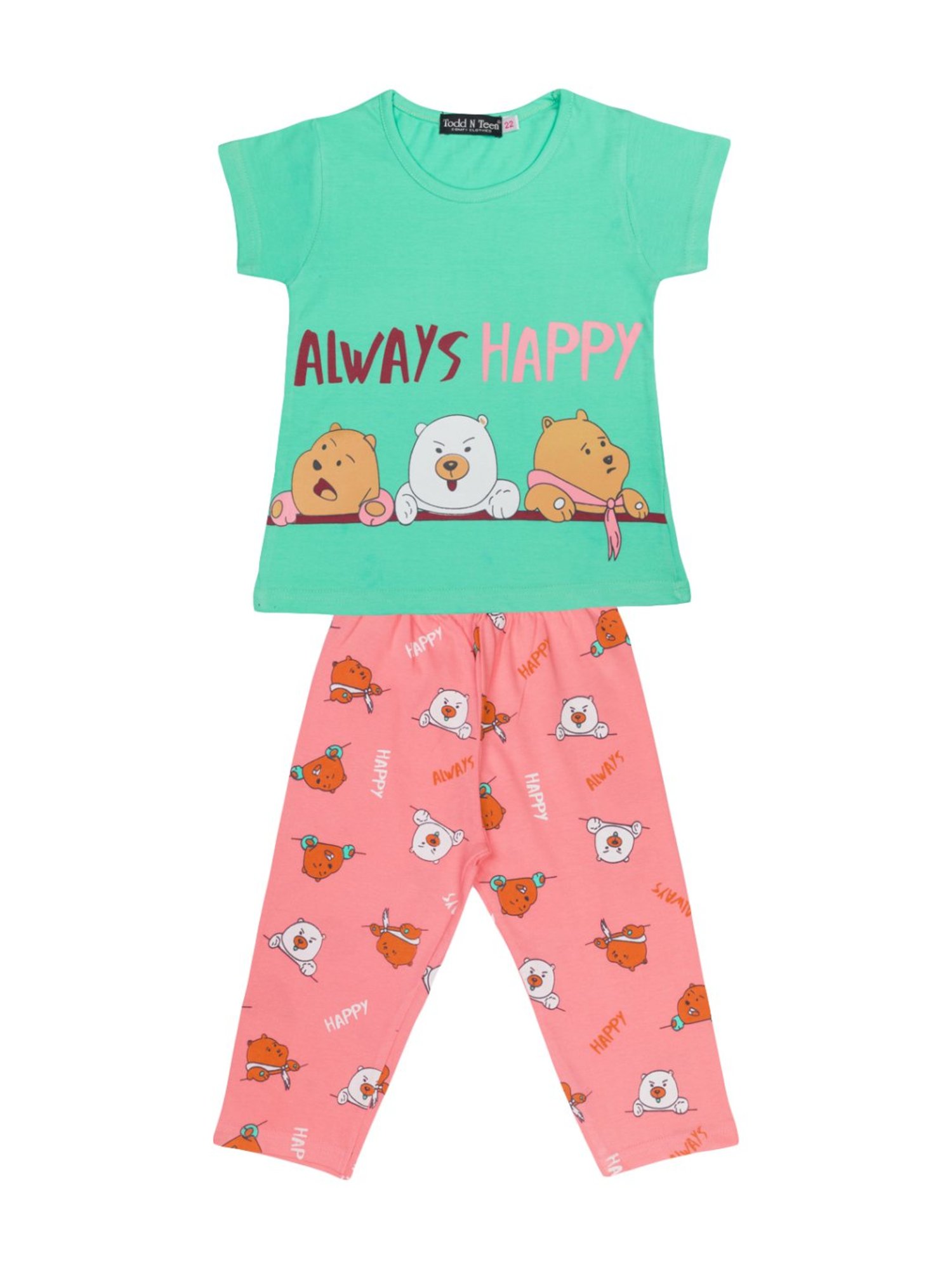 Todd N Teen Kids Sea Green Cotton Printed T-Shirt & Capris