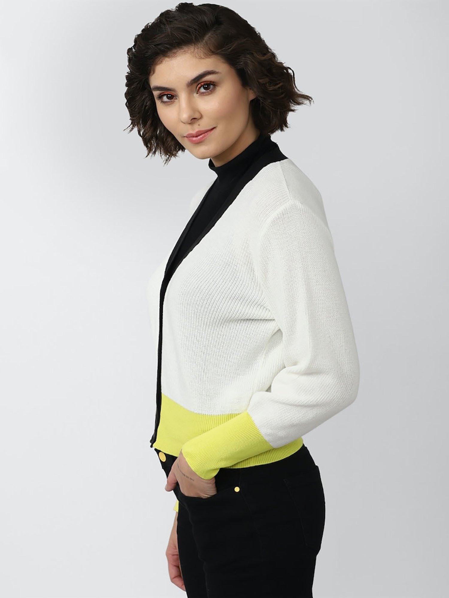 Forever 21 White & Yellow Cotton Cardigan