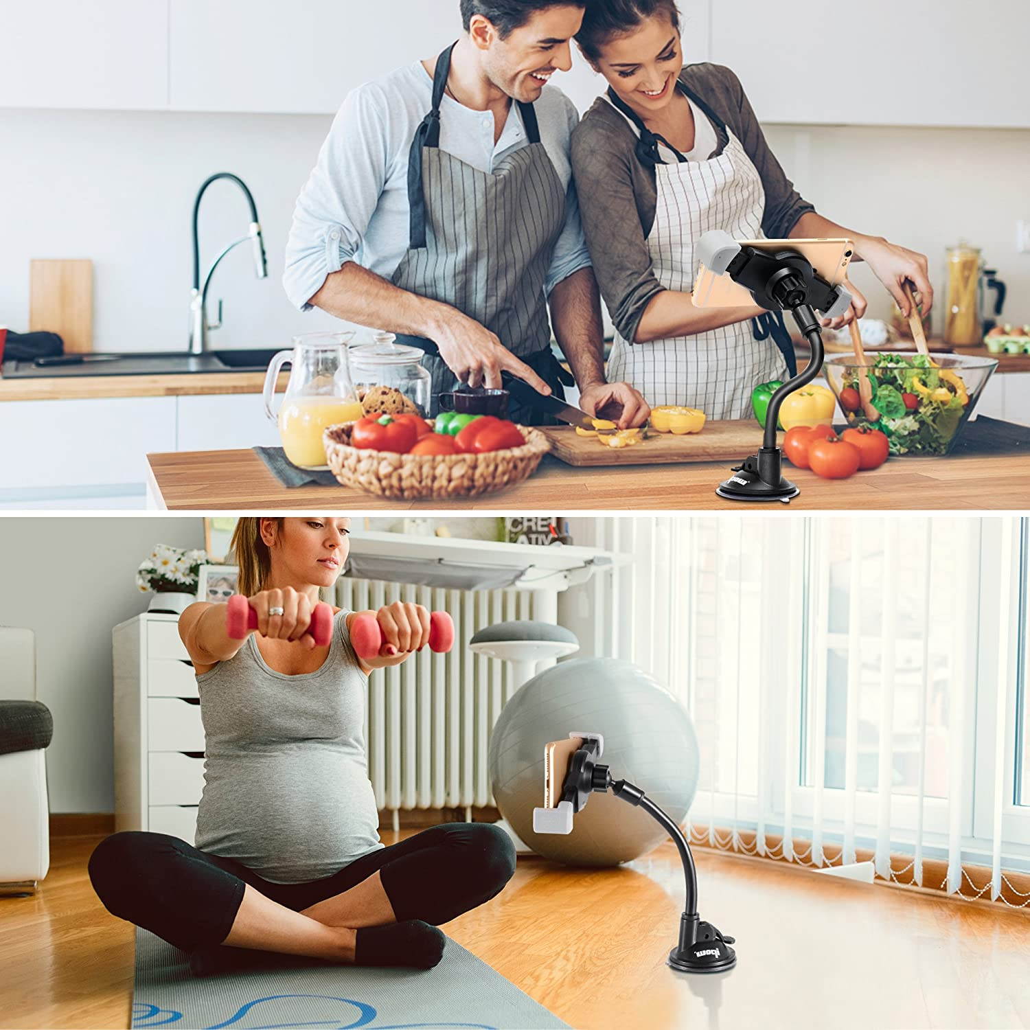 IPOW Car Phone Mount, Diagonal Clamp Full-View Windshield/Dashboard Car Phone Holder with Strong Suction Cup& Bendable Goose Arm Compatible with iPhone X 8Plus 7Plus 6sPlus 6Plus Galaxy S7 S9 J7V