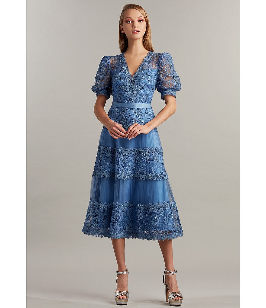 Tadashi Shoji V-Neck Short Puff Sleeve Embroidered Lace Pleated Midi Dress