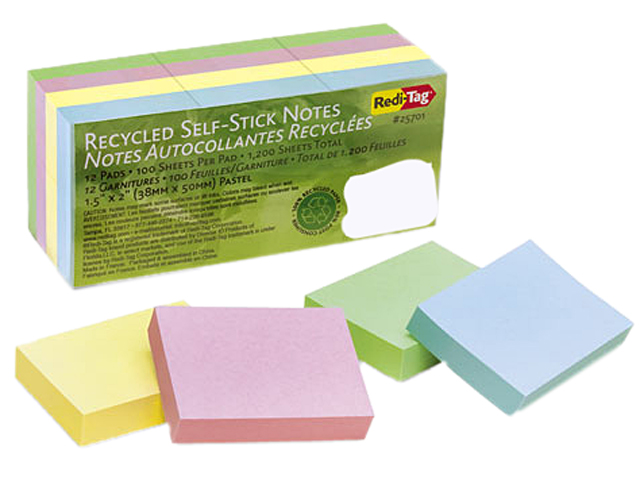 Redi-Tag 25701 100% Recycled Notes, 1 1/2 x 2, Four Pastel Colors, 12 100-Sheet Pads/Pack