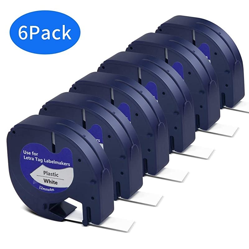 LetraTag Refills 6 Pack for DYMO  3rd Party Accessory LetraTag Labeling Refills for Dymo White Plastic 91331 Replace Label Tape for All DYMO LT100H LT100T QX50 12Inchx13Feet 12mm x 4m