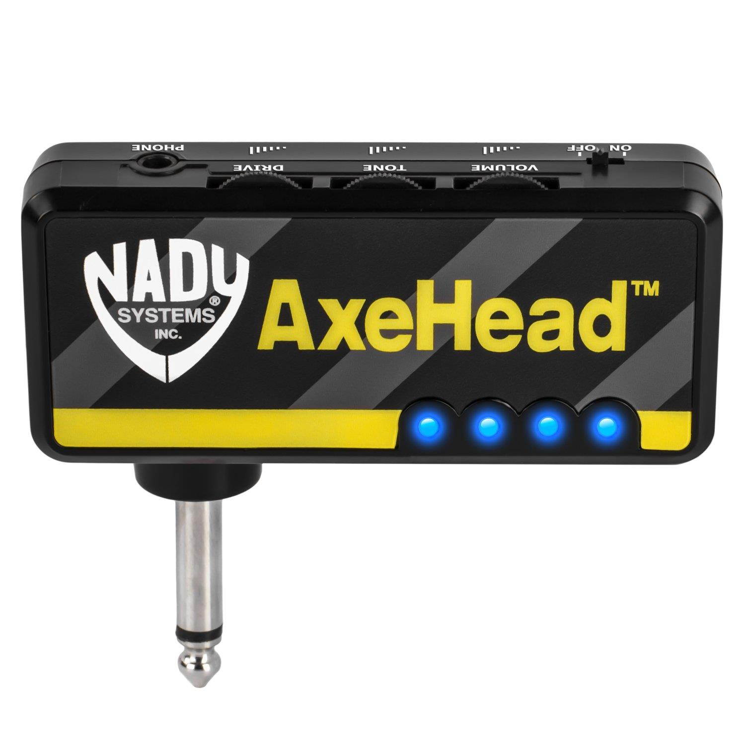 Nady AxeHead Miniature Headphone Guitar Amplifier _ Built-in amp simulation with gain, tone and volume controls _ includes headphones splitter, 3.5mm audio cable, and USB charging cable