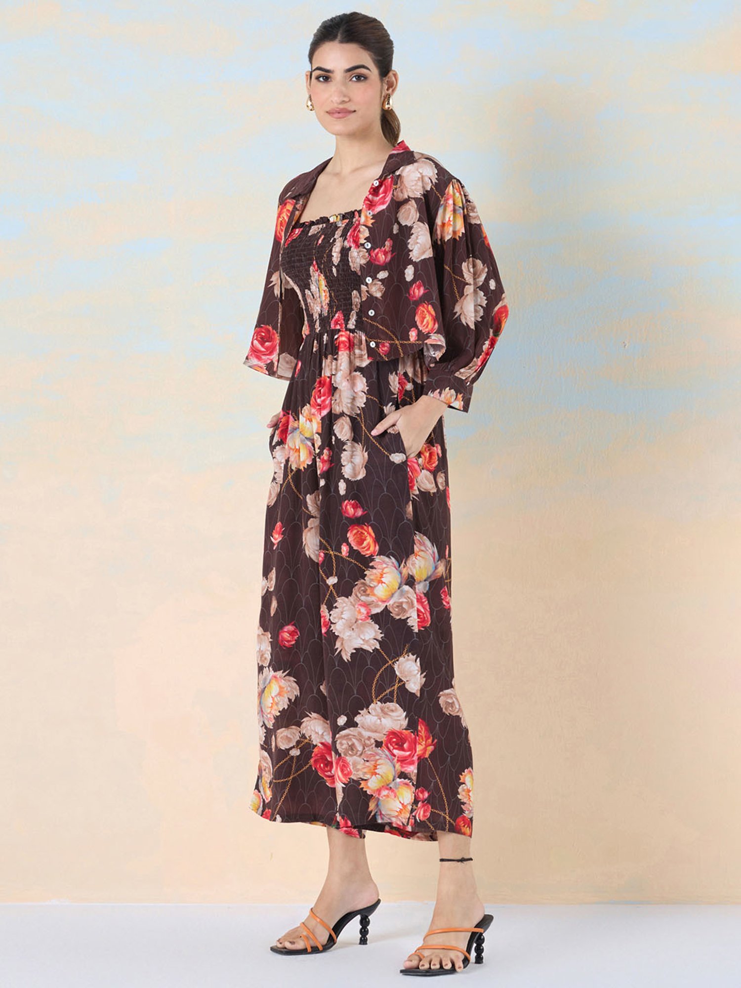 navyasa by liva Brown Floral Print Jumpsuit With Shirt