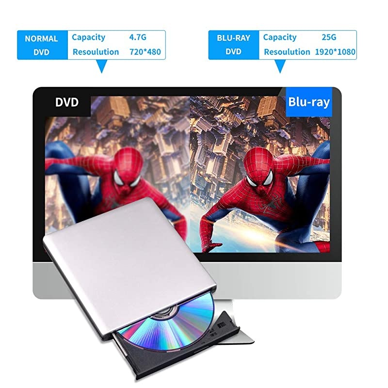 Blu Ray DVD Drive 3D USB 30 and TypeC Bluray CD DVD Reader Slim Optical Portable Bluray Drive for MacBook OS Windows xp7810 Linux Laptop PC SilverGrey