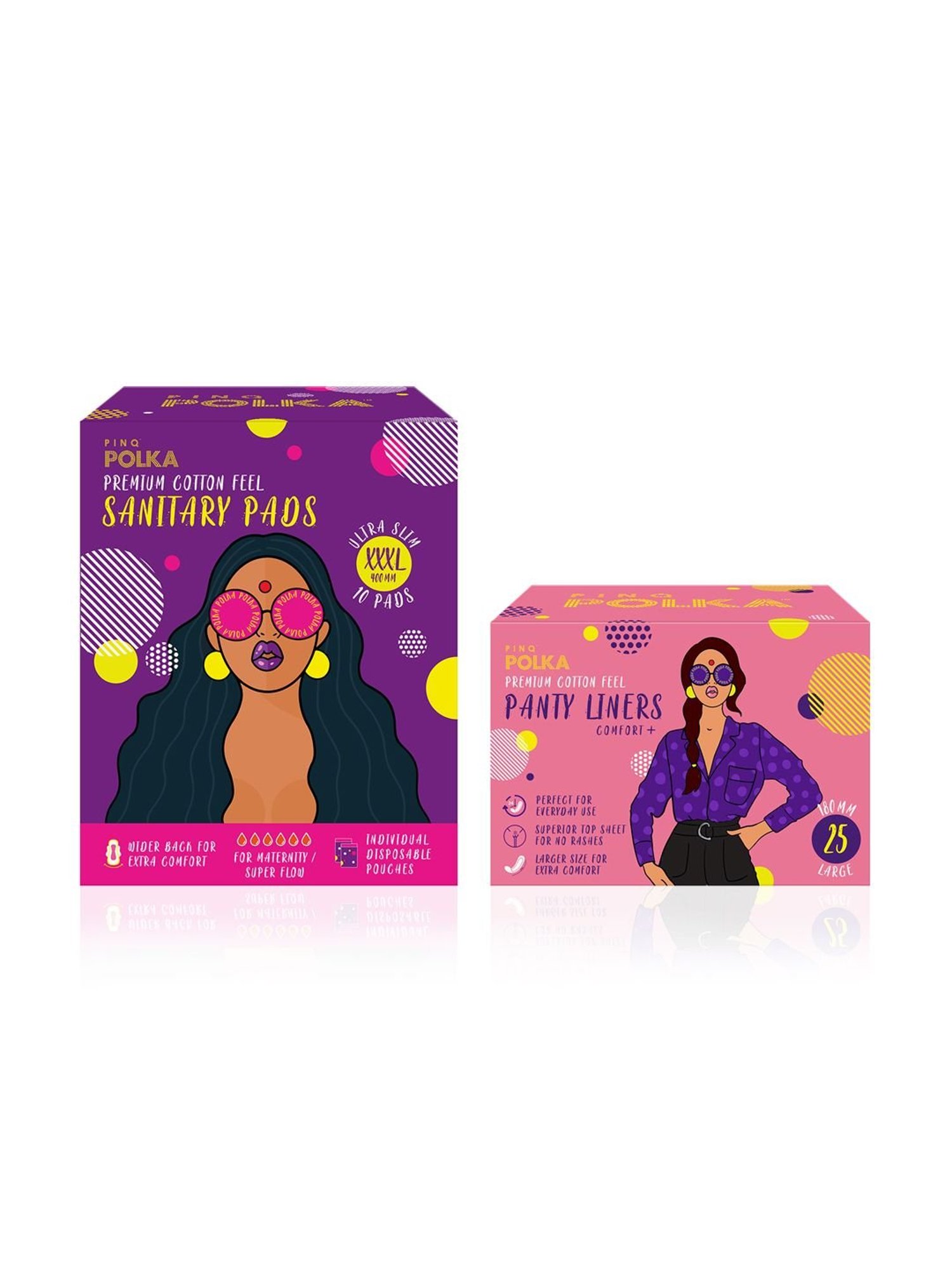 PINQ Polka Premium Cotton Feel Ultra 25 Pantyliners (Large) ,10 XXXL Ultra Sanitary Pads, Pack of 35