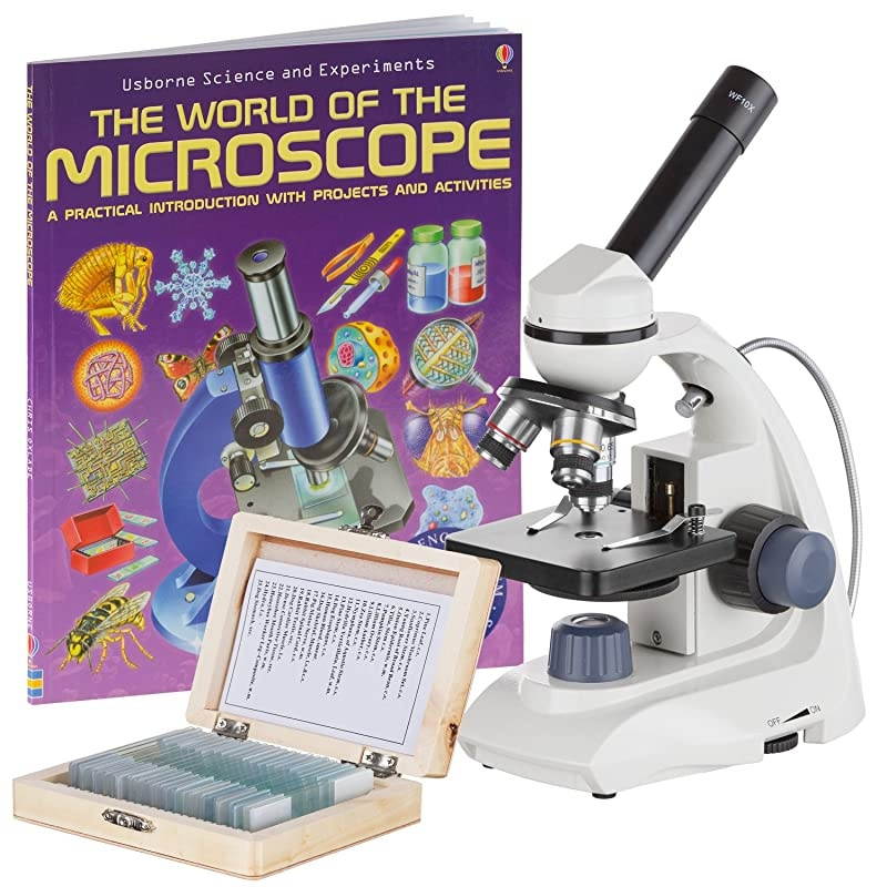 M170CPS25WM 40X1000X Dual LED SolidMetal Portable Compound Microscope with 25 Slides Book