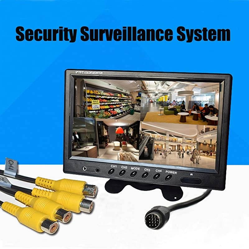 9 TFT LCD Split Screen Quad Monitor CCTV Security Surveillance Car Headrest Video Display 4 RCA Connectors 6 Mode Display Remote Control