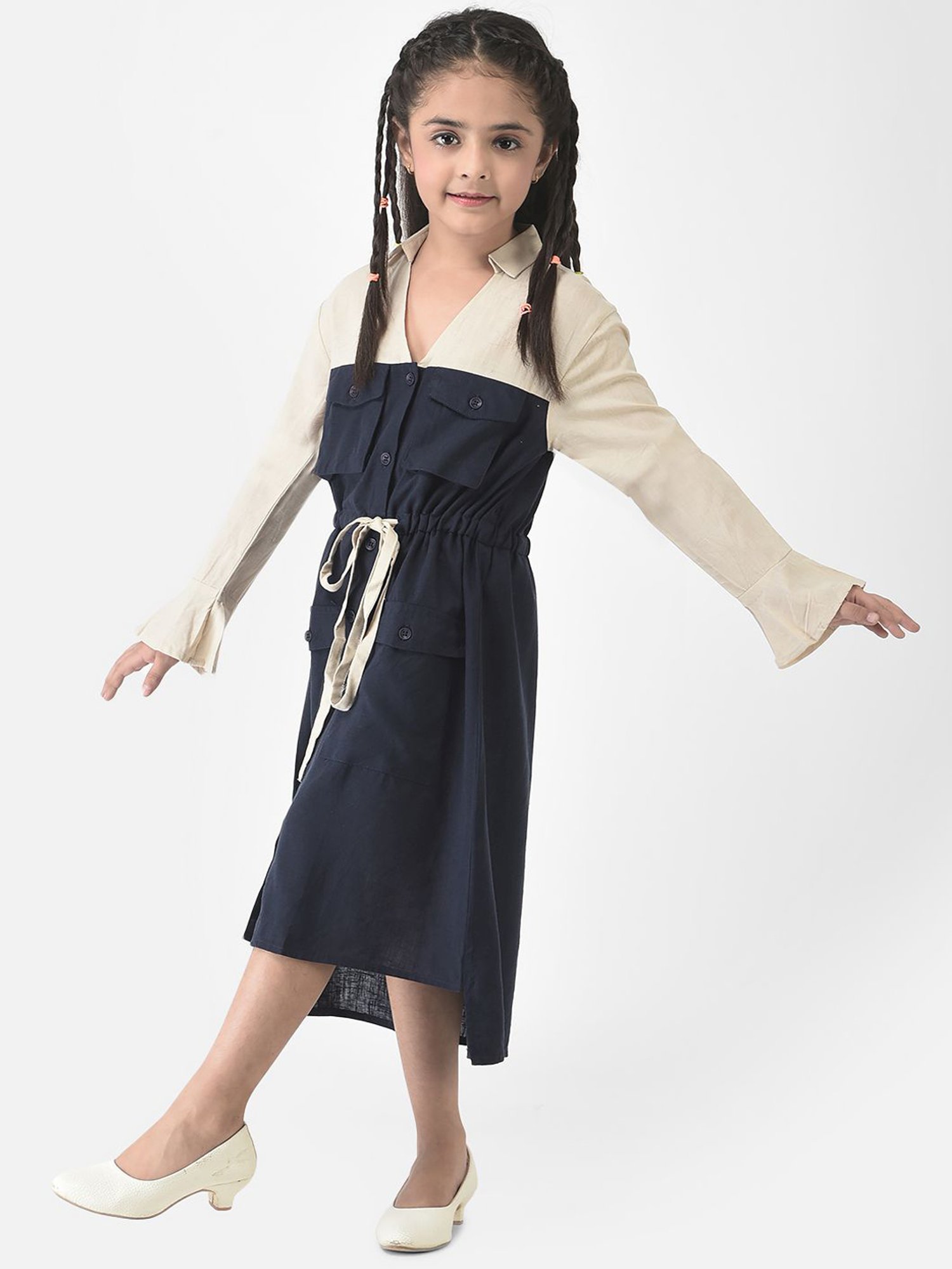 Crimsoune Club Kids Navy & Cream Color Block Full Sleeves Dress