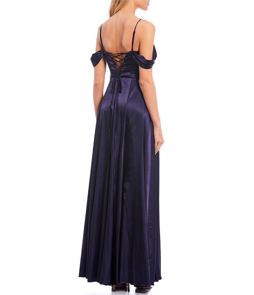 Sequin Hearts Off-The-Shoulder Satin Lace-Up-Back Side Slit Long Dress