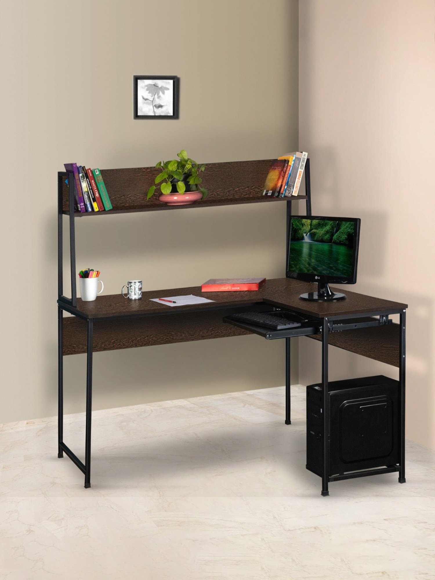 Delite Kom Falcon Flowery Wenge Black Metal L-shaped Computer Desk