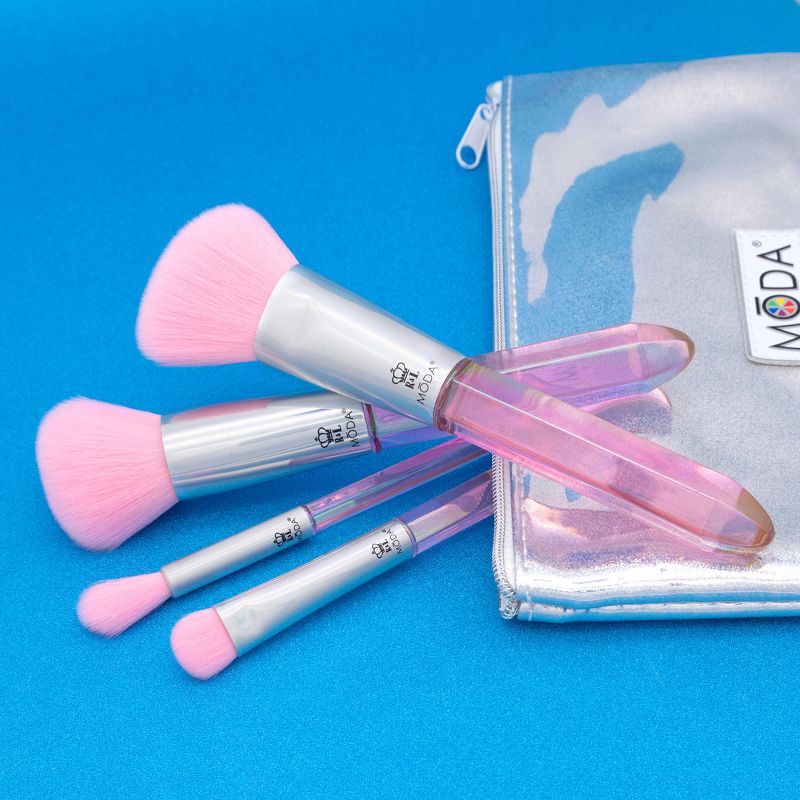 MODA Brush Mythical 5pc Rose Quartz Crystal Makeup Brush Set with Holographic Zip Case, Includes - Powder, Angle Blush, MD Shader, and Crease Brushes