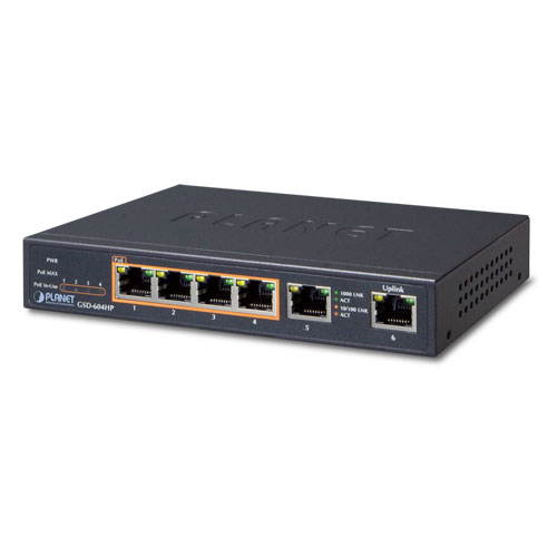 PLANET Technology - GSD-604HP - 4-Port 10/100/1000T 802.3at POE + 2-Port 10/100/1000T Desktop Switch (55W POE Budget,