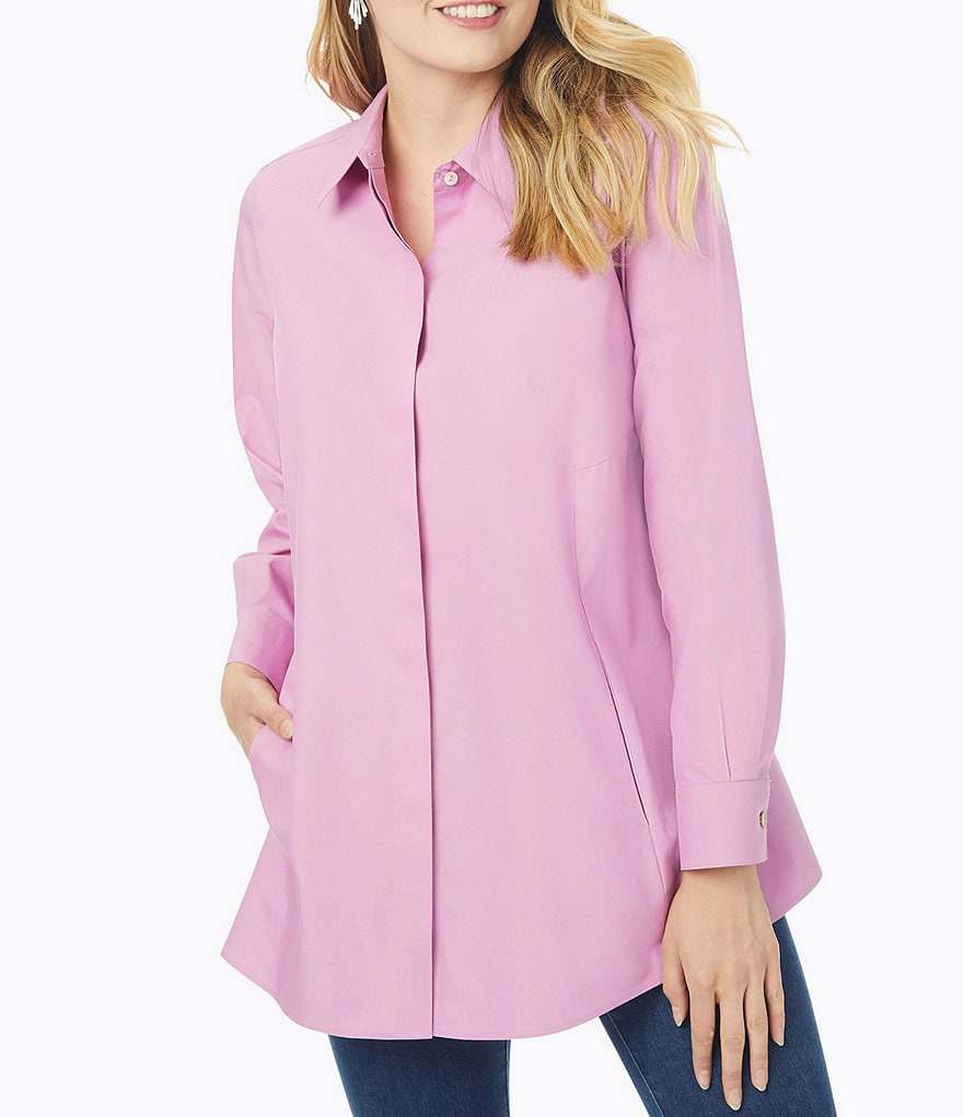Foxcroft Plus Size Cici Solid Non-Iron Pinpoint Oxford Long Sleeve Point Collar Button Front Tunic