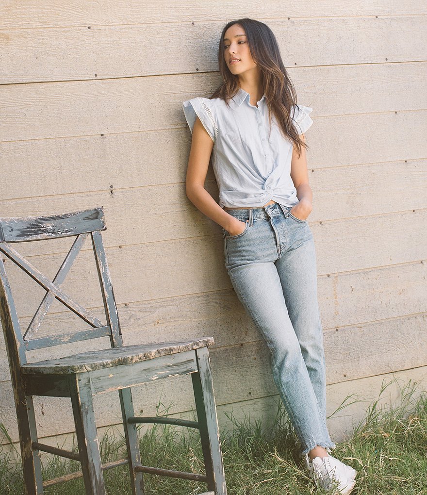 Shabby Chic Waverly Point Collar Lace Trim Ruffle Cap Sleeves Button Down Twist Front Hem Top