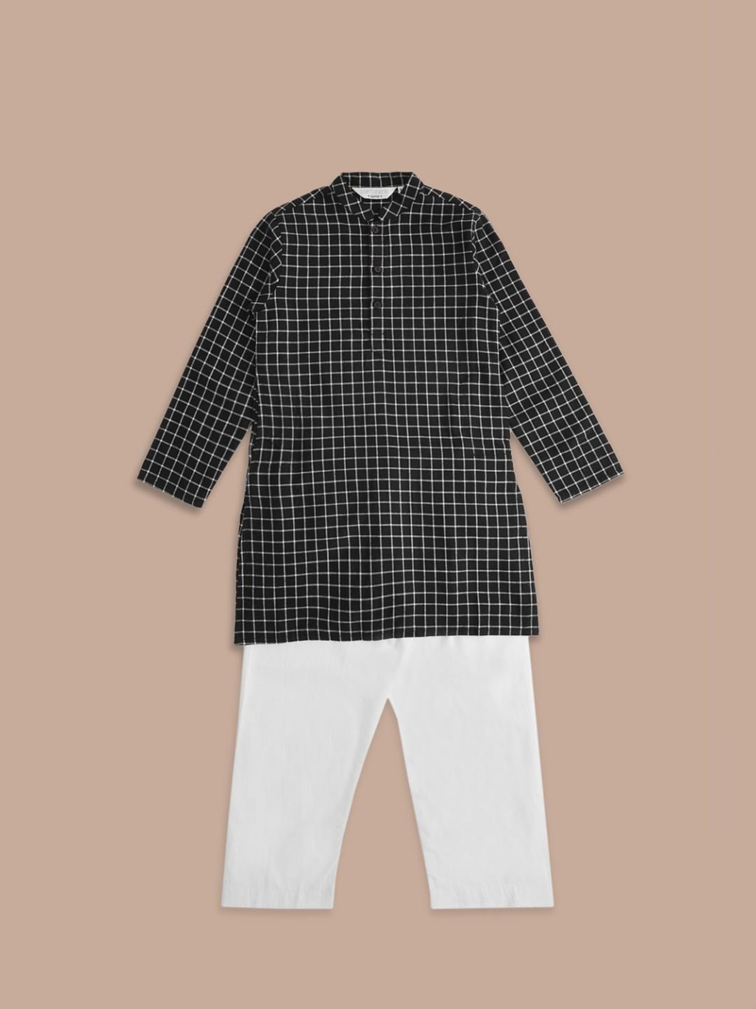Indus Route by Pantaloons Kids Black & White Cotton Chequered Full Sleeves Kurta Set