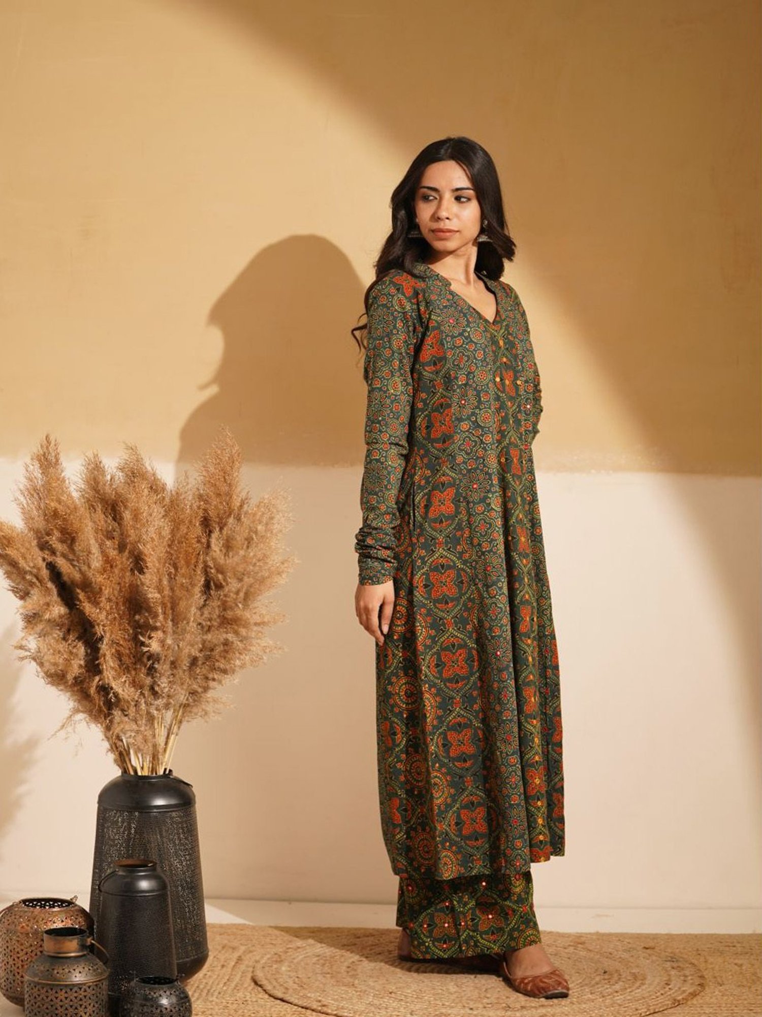 Love Chic Green Ajrakh Cotton Kalidaar Flare Kurta