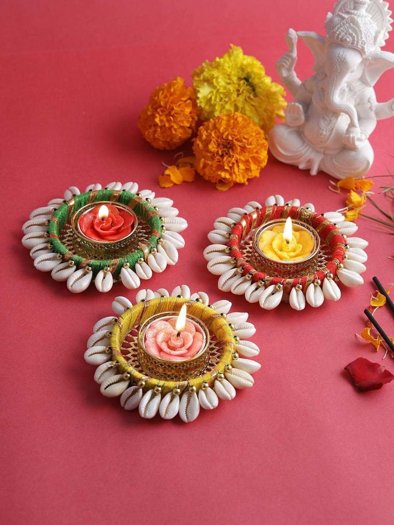 Aapno Rajasthan Multicolor Metal Embellished Diya With Wax - Set of 3