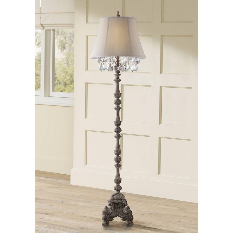 Barnes and Ivy Traditional Floor Lamp Distressed Candlestick Crystal Glass Beading Cream Bell Shade for Living Room Reading