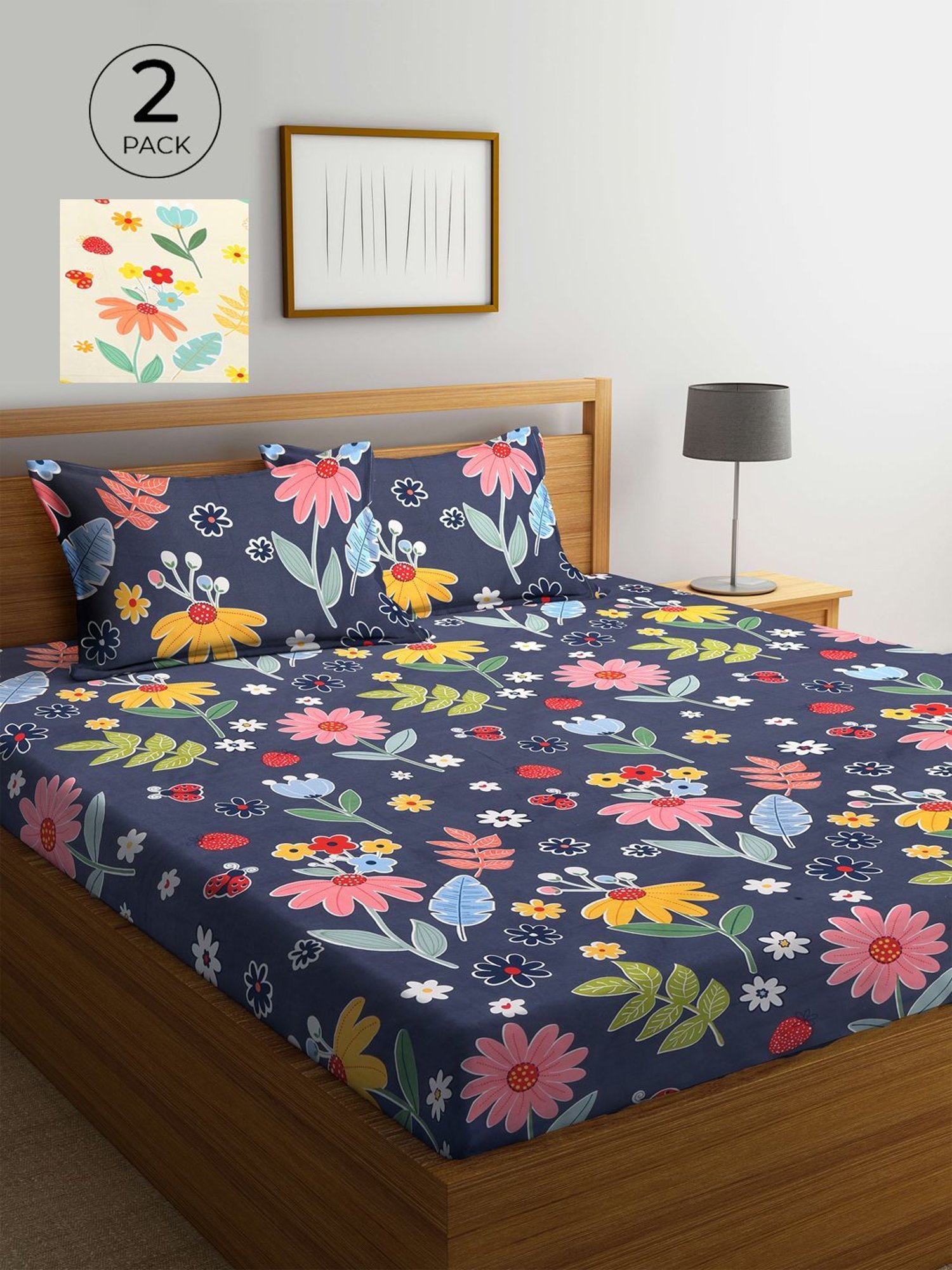 Klotthe Printed Black 210 TC Cotton Blend Double 2 Bed Sheets with 4 Pillow Covers