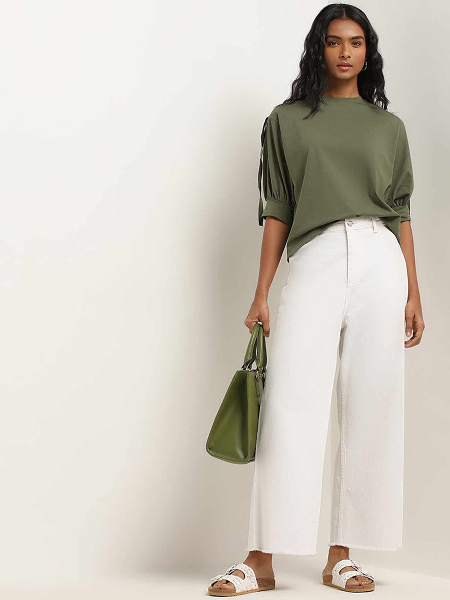 LOV by Westside Olive Solid Cotton Blend Top