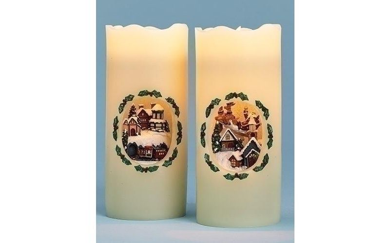 Roman 7" White and Green Santa's Train Station LED Lighted Christmas Pillar Candle