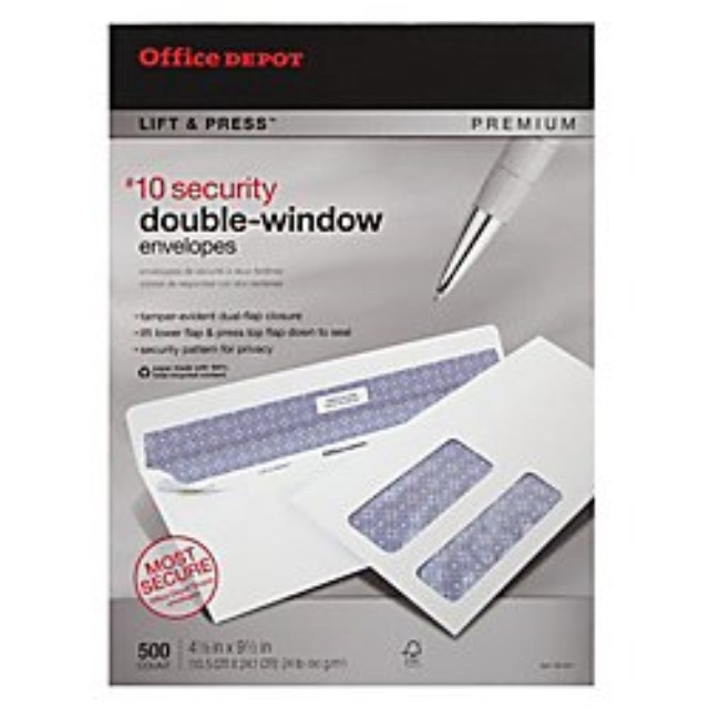 Office Depot 100% Recycled Lift  Press(TM) Double-Window Envelopes, #10 (4 1/8in. x 9 1/2in.), White, Box Of 500, 76133