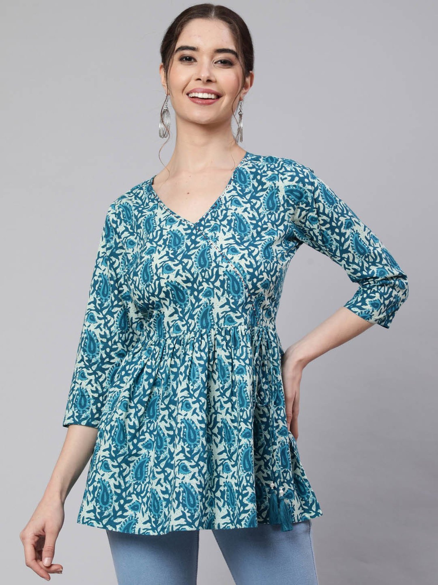 Jaipur Kurti Turquoise Printed Peplum Top