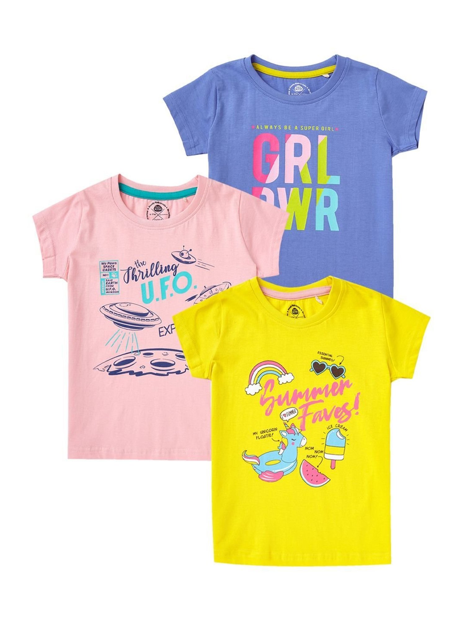 Cub McPaws Kids Multicolor Cotton Printed T-Shirt (Pack of 3)