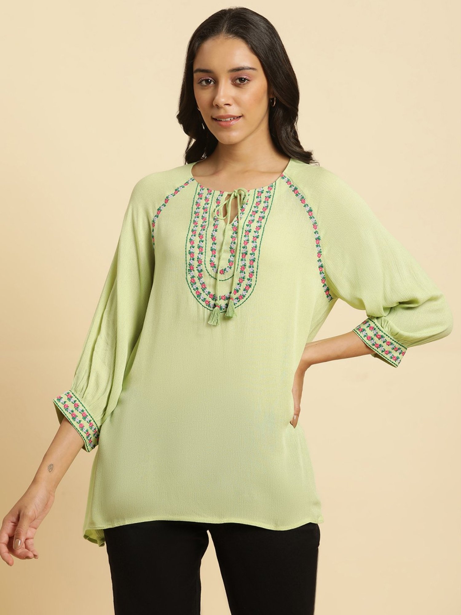 W Green Embroidered Top