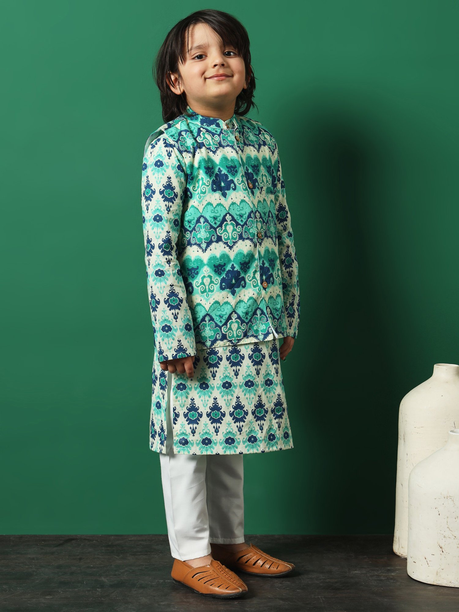 READIPRINT FASHIONS Kids Sea Green & White Printed Full Sleeves Kurta, Pyjamas with Jacket