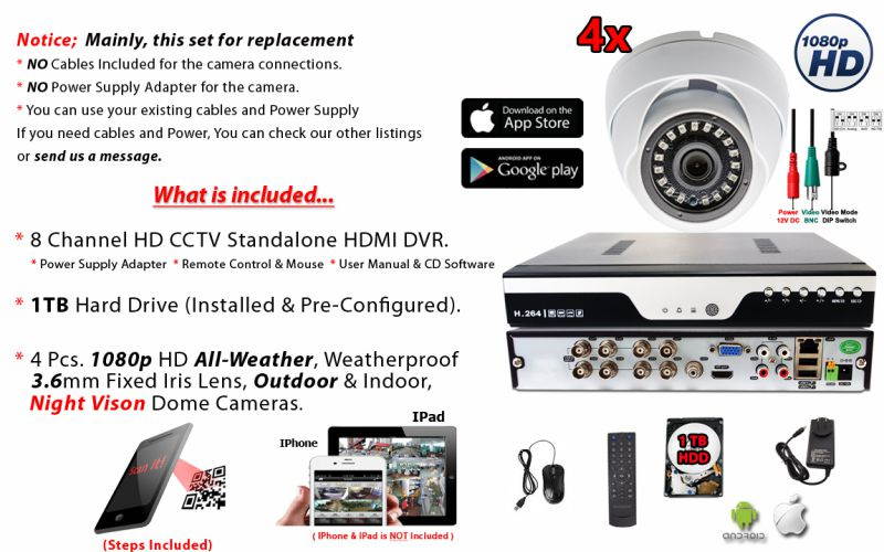 Evertech 8 Channel HD CCTV Home Security Camera System w/ 1TB Hard Drive 4 pcs 1080P High Resolution Fixed Iris Lens HD Dome Cameras