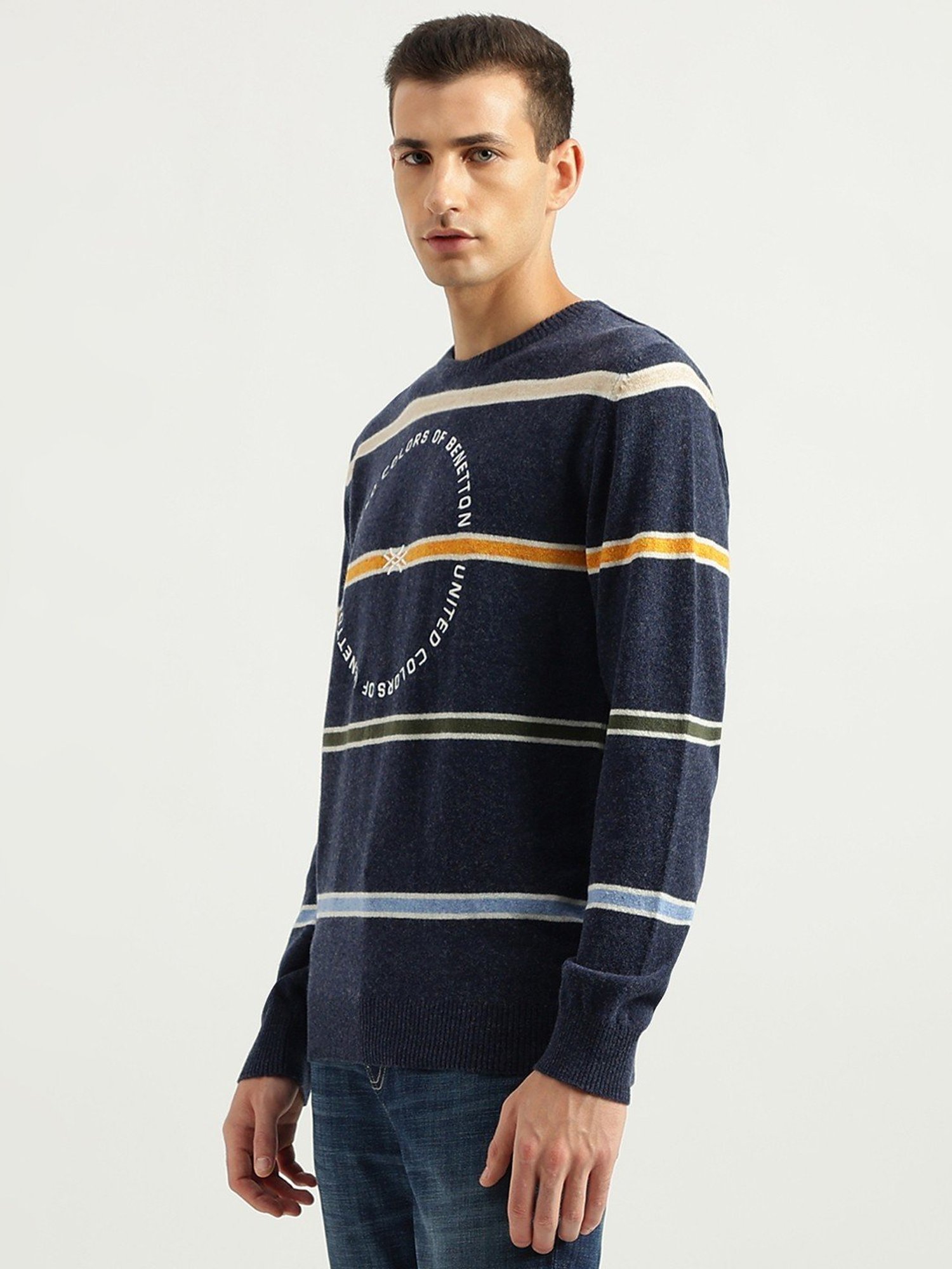 United Colors of Benetton Blue Regular Fit Striped Sweater