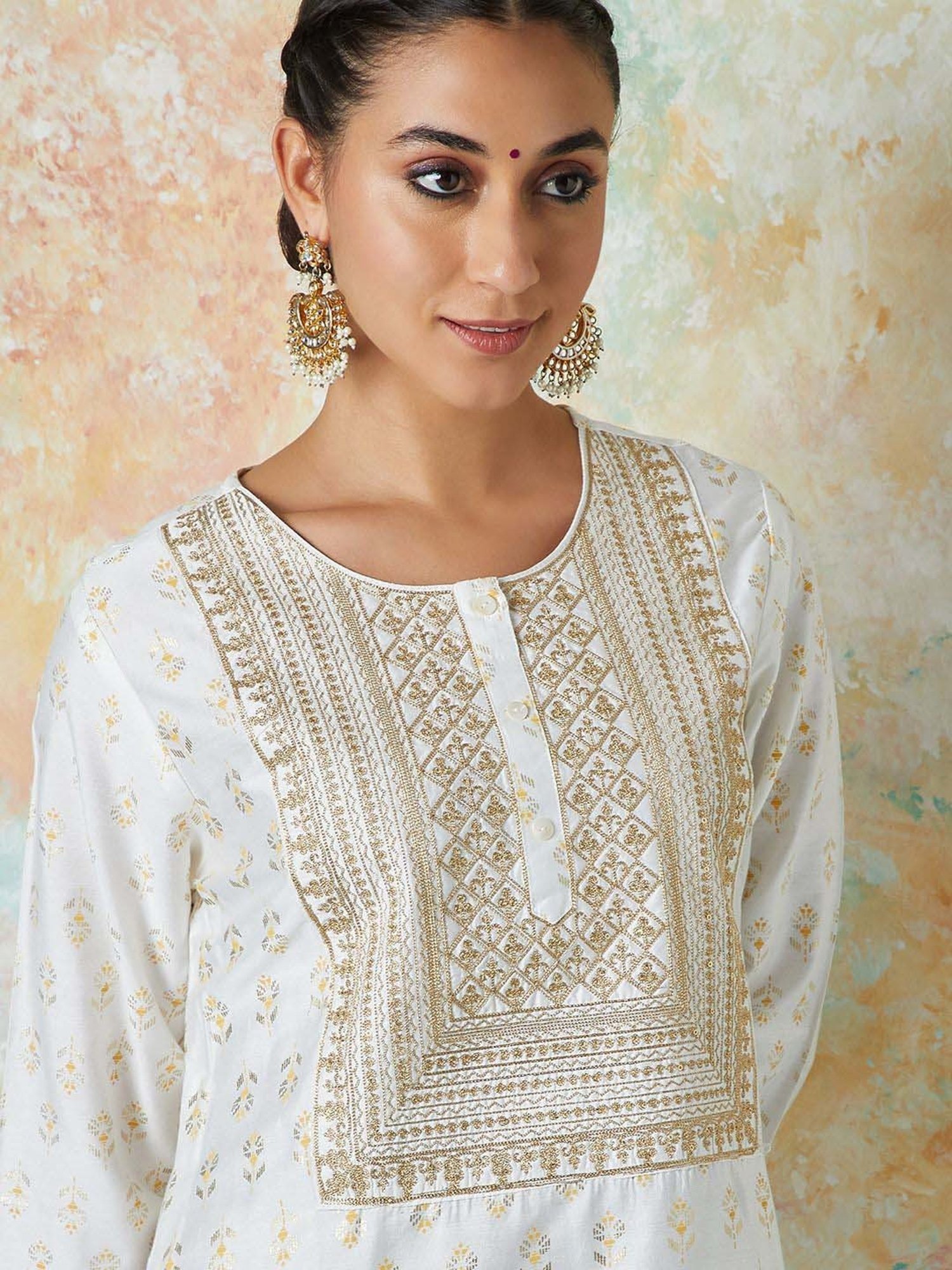 Melange by Lifestyle Off-White Embroidered Kurta Palazzo Set With Dupatta