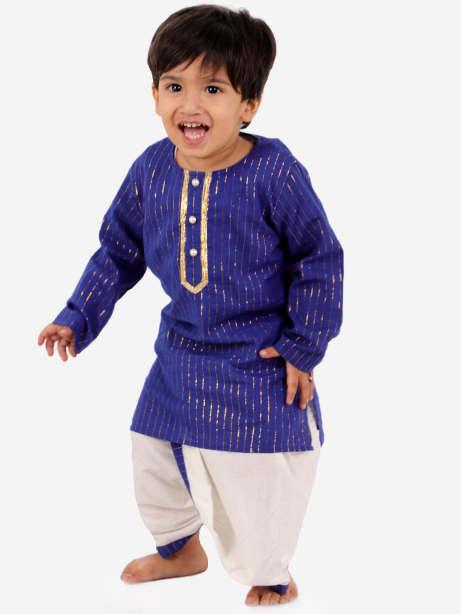 Little Bansi Kids Royal Blue Cotton Striped Kurta Set