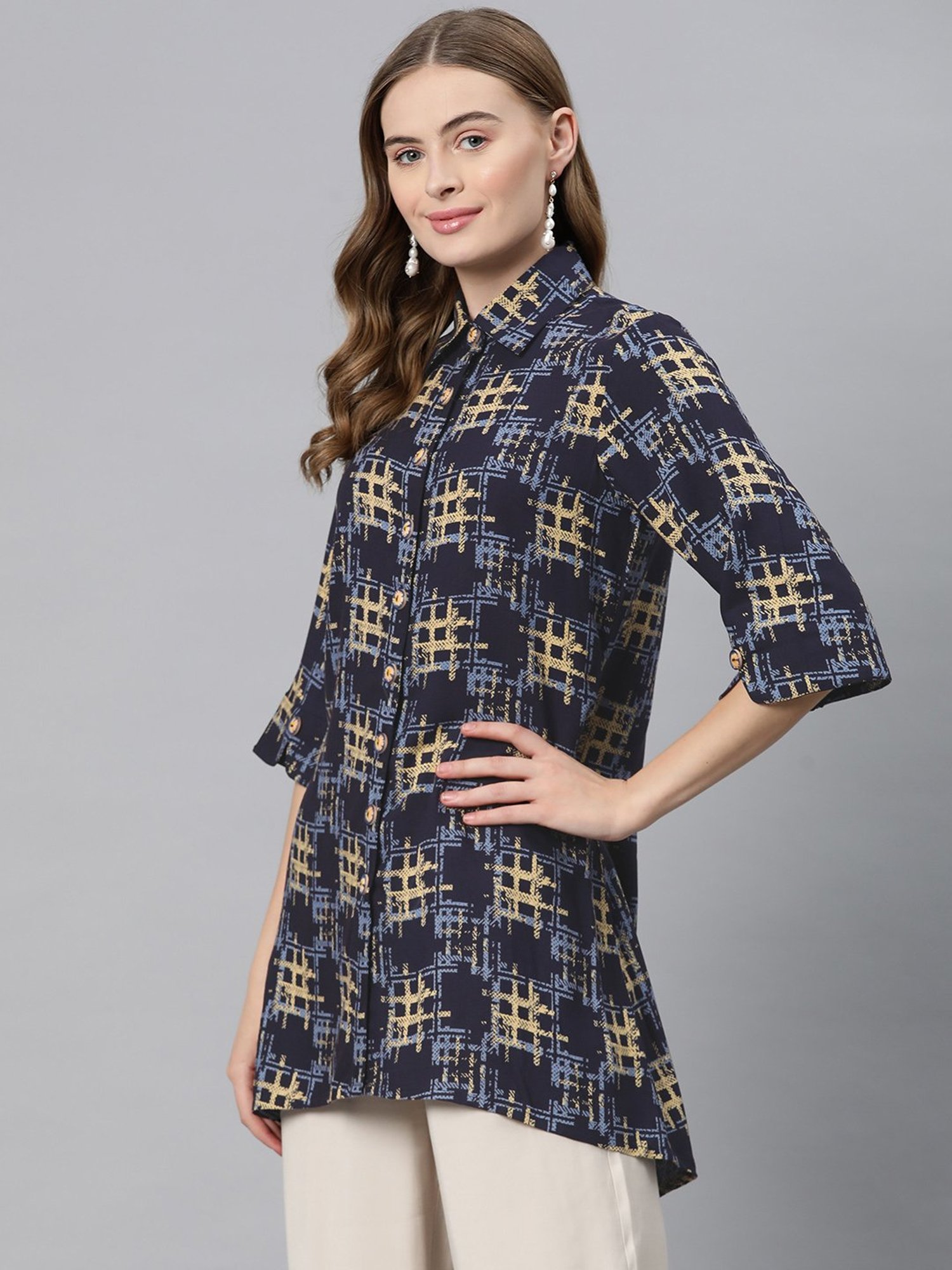 Cottinfab Navy Printed Top