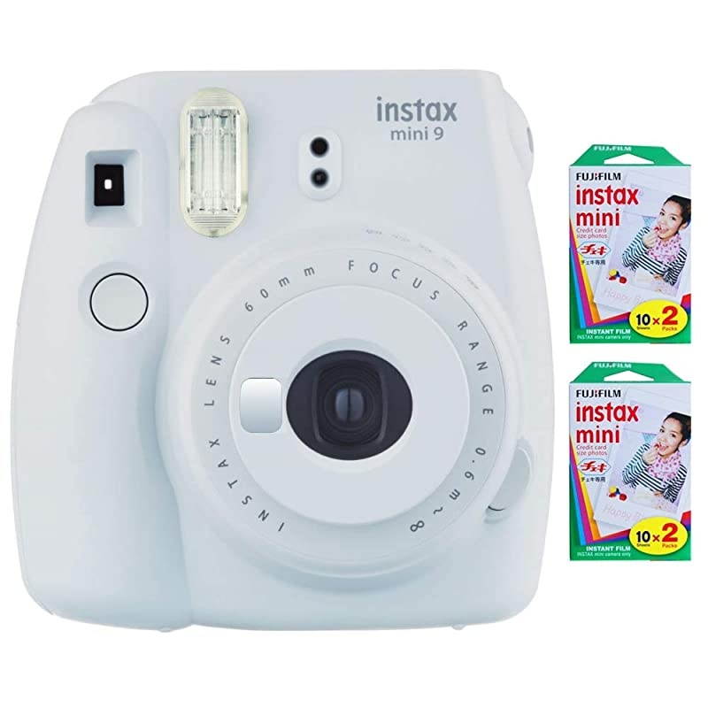 Instax Mini 9 Instant Camera (Smokey White) with 2 x Instant Twin Film Pack (40 Exposures)
