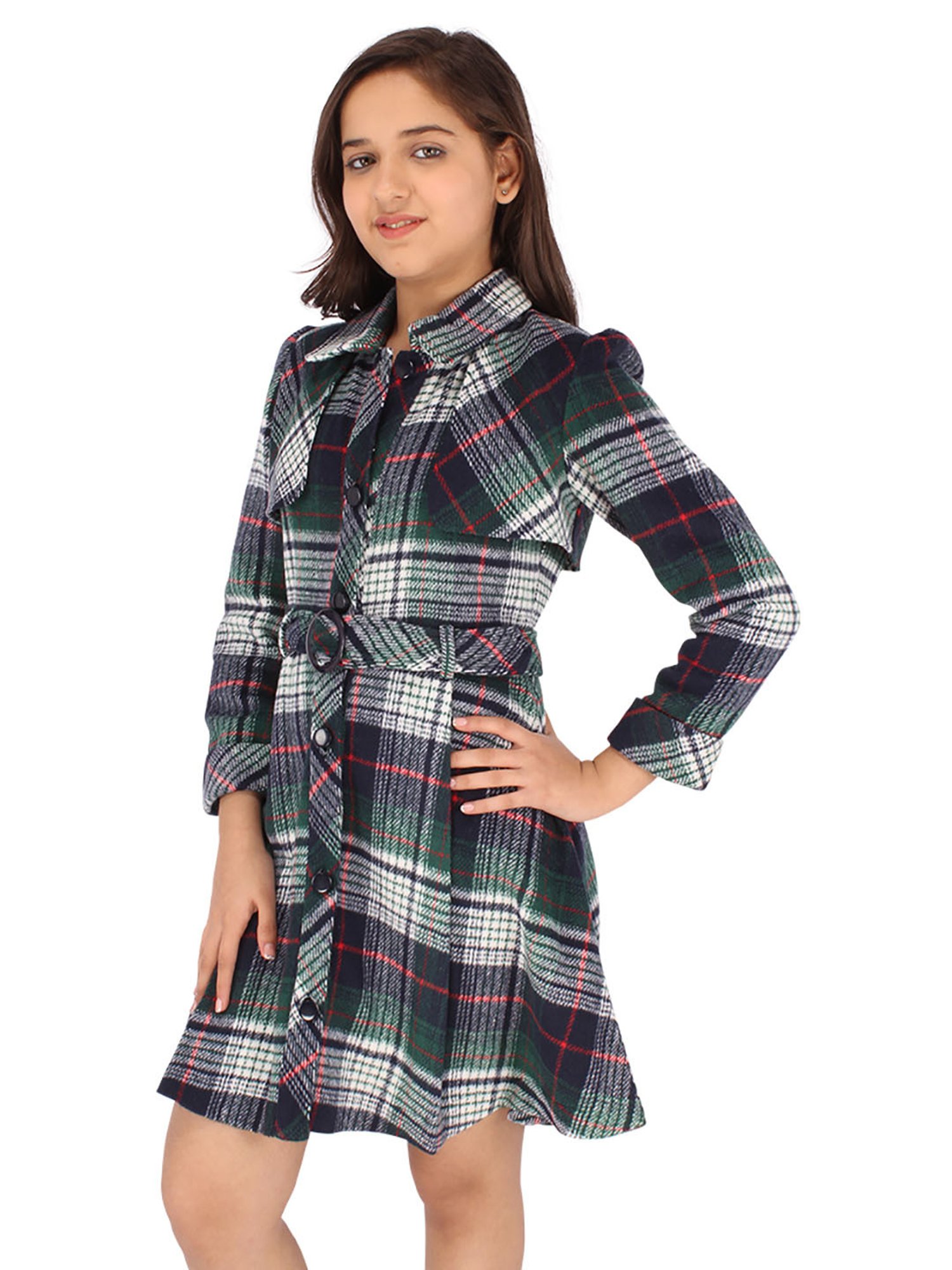 Cutecumber Kids Navy Checks Full Sleeves Shirt Dress with Belt