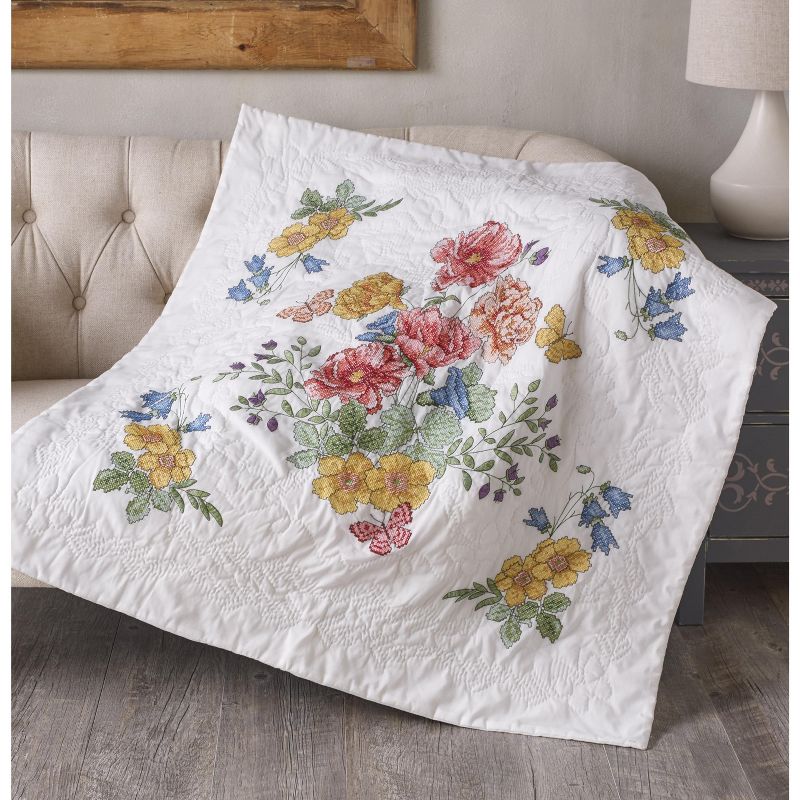 Bucilla Stamped Cross Stitch Lap Quilt Kit 45"X45"-Flowers From The Garden