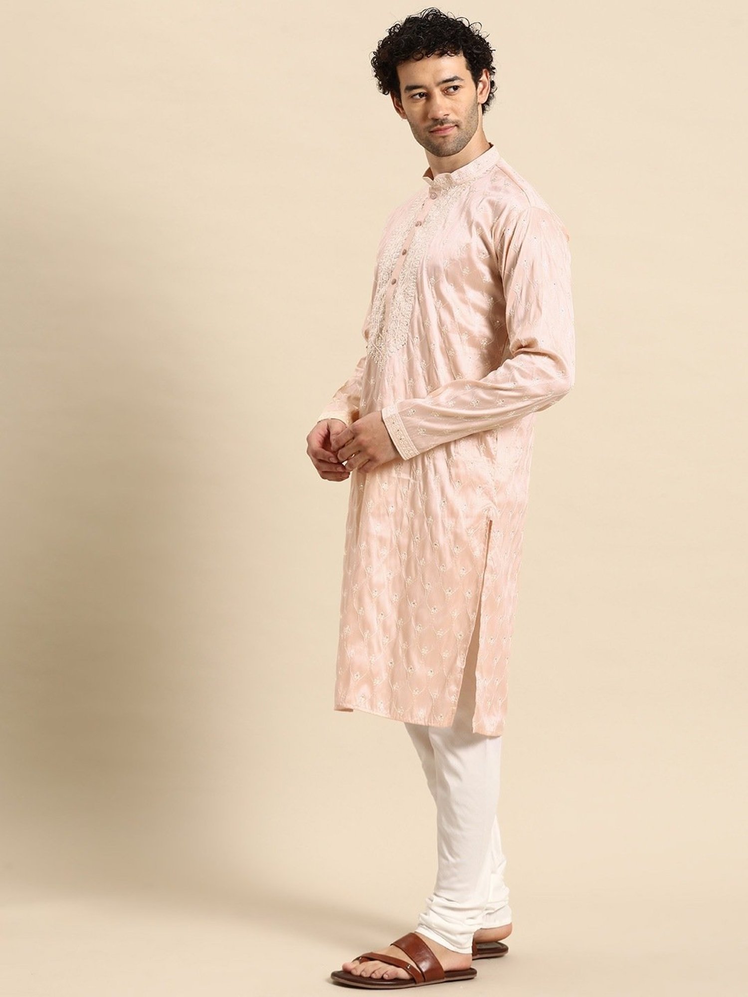 ManQ Peach Regular Fit Embroidered Kurta