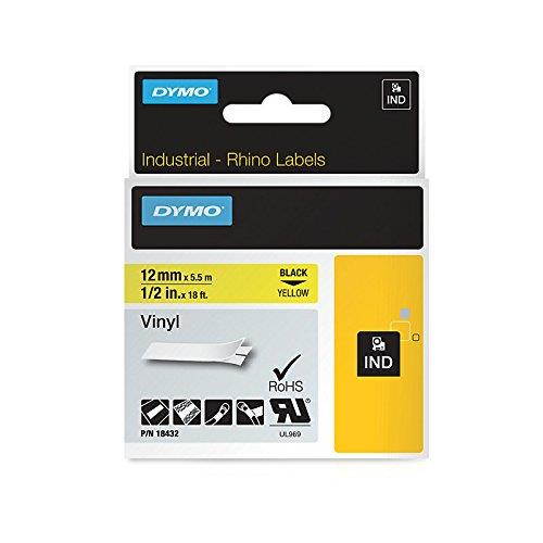 DYMO Industrial Labels for DYMO Industrial Rhino Label Makers, Black on Yellow, 1/2", 1 Roll (18432)