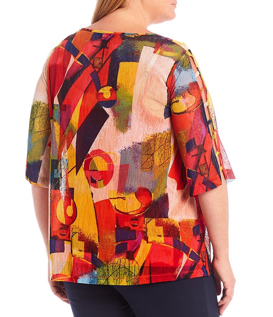 Ali Miles Plus Size 3/4 Ladder Sleeve V-Neck Abstract Print Onion Skin Blouse