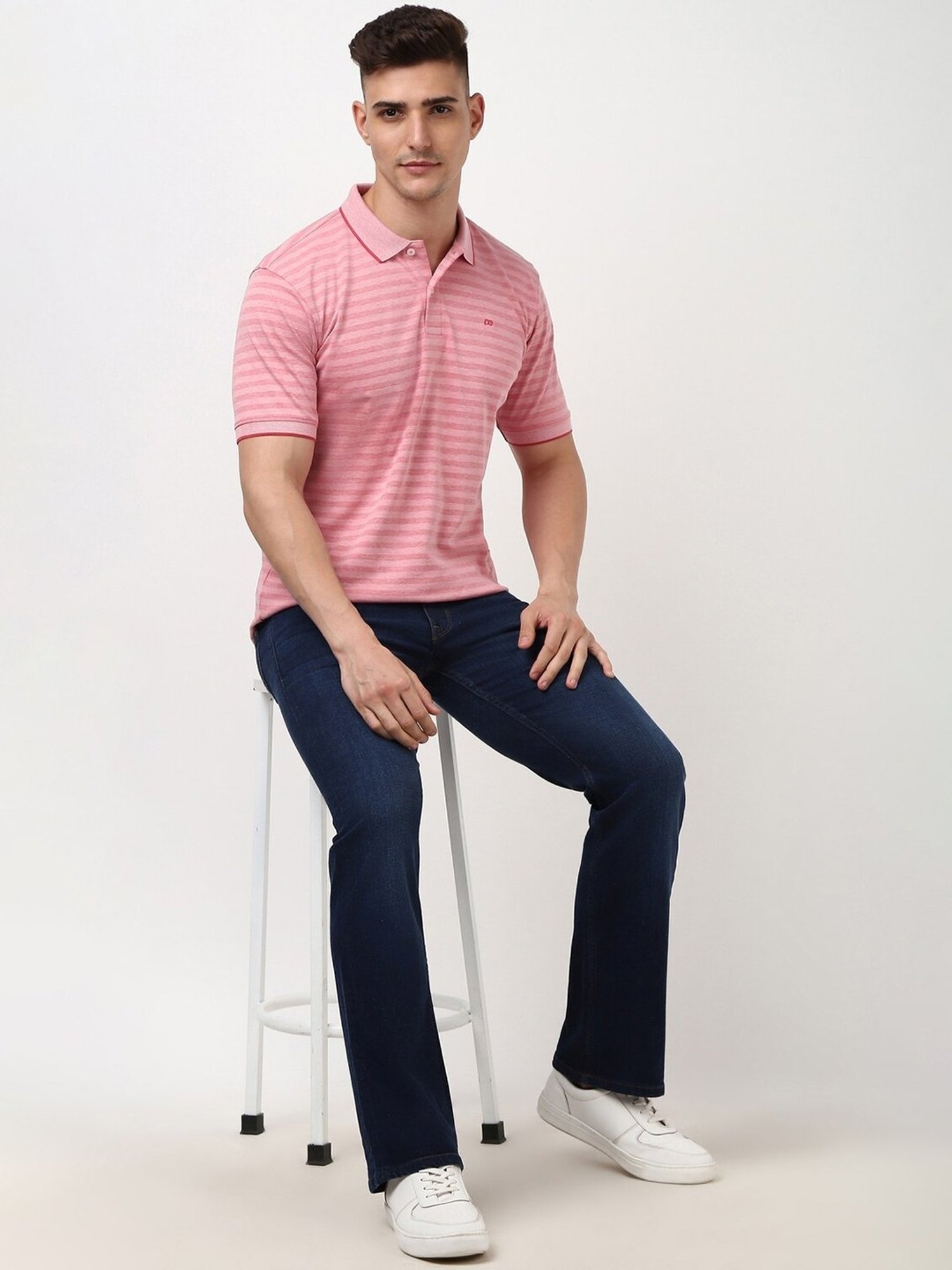 Peter England Pink Regular fit Stripes Casual Polo T-Shirt