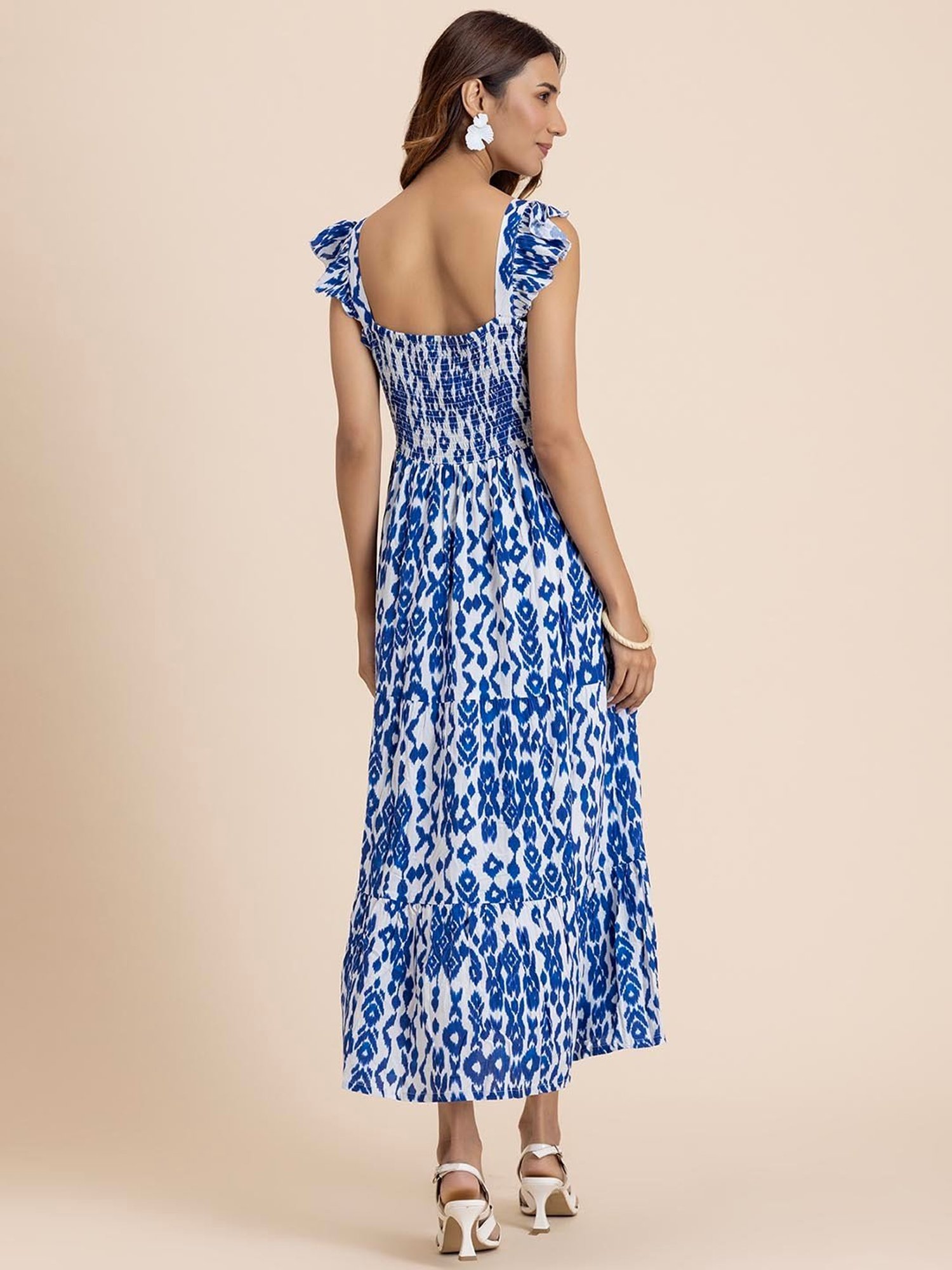 Moomaya Blue & White Printed Midi Dress